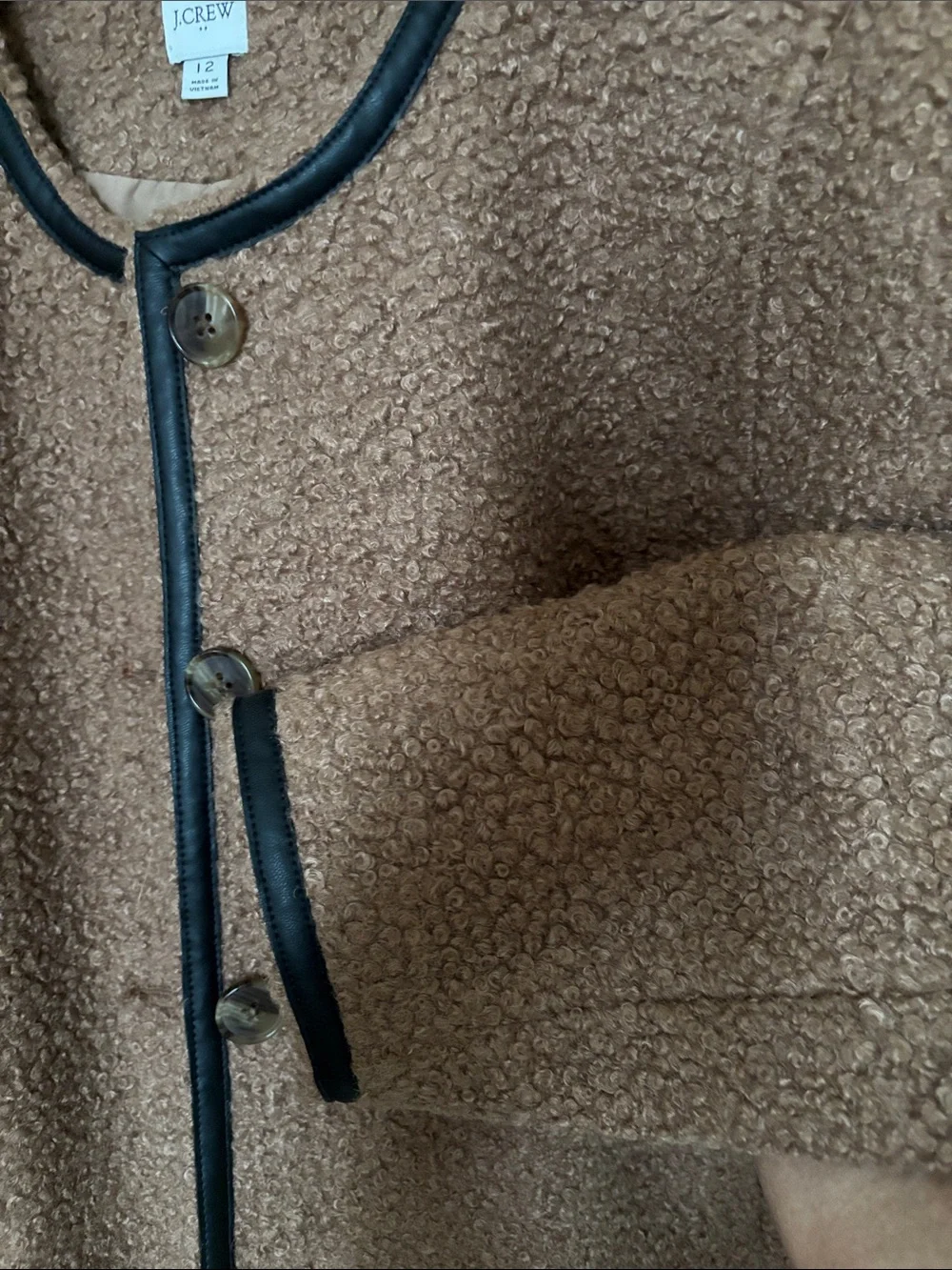J. Crew Camel Teddy Bouclé Jacket with Black Trim